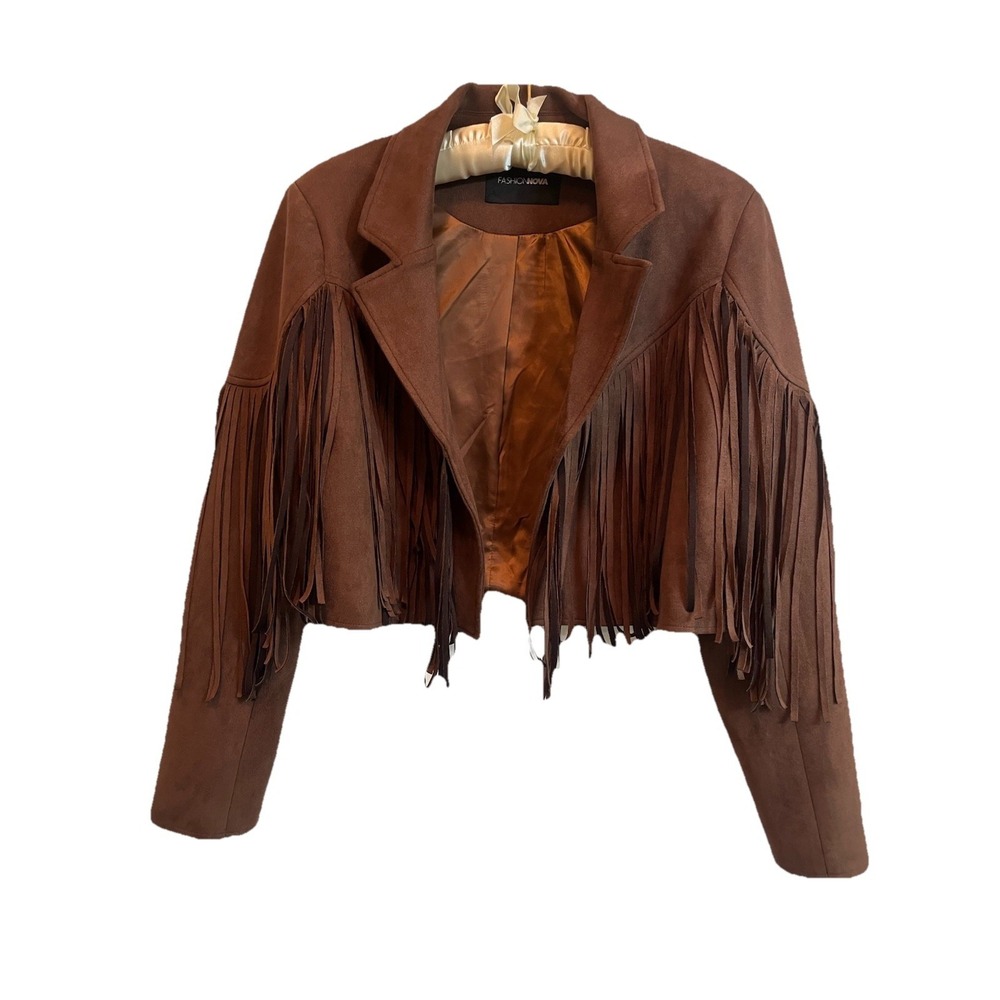 Fashion Nova Faux Suede Fringe Jacket Dark Brown Cropped Long Sleeve Festival M